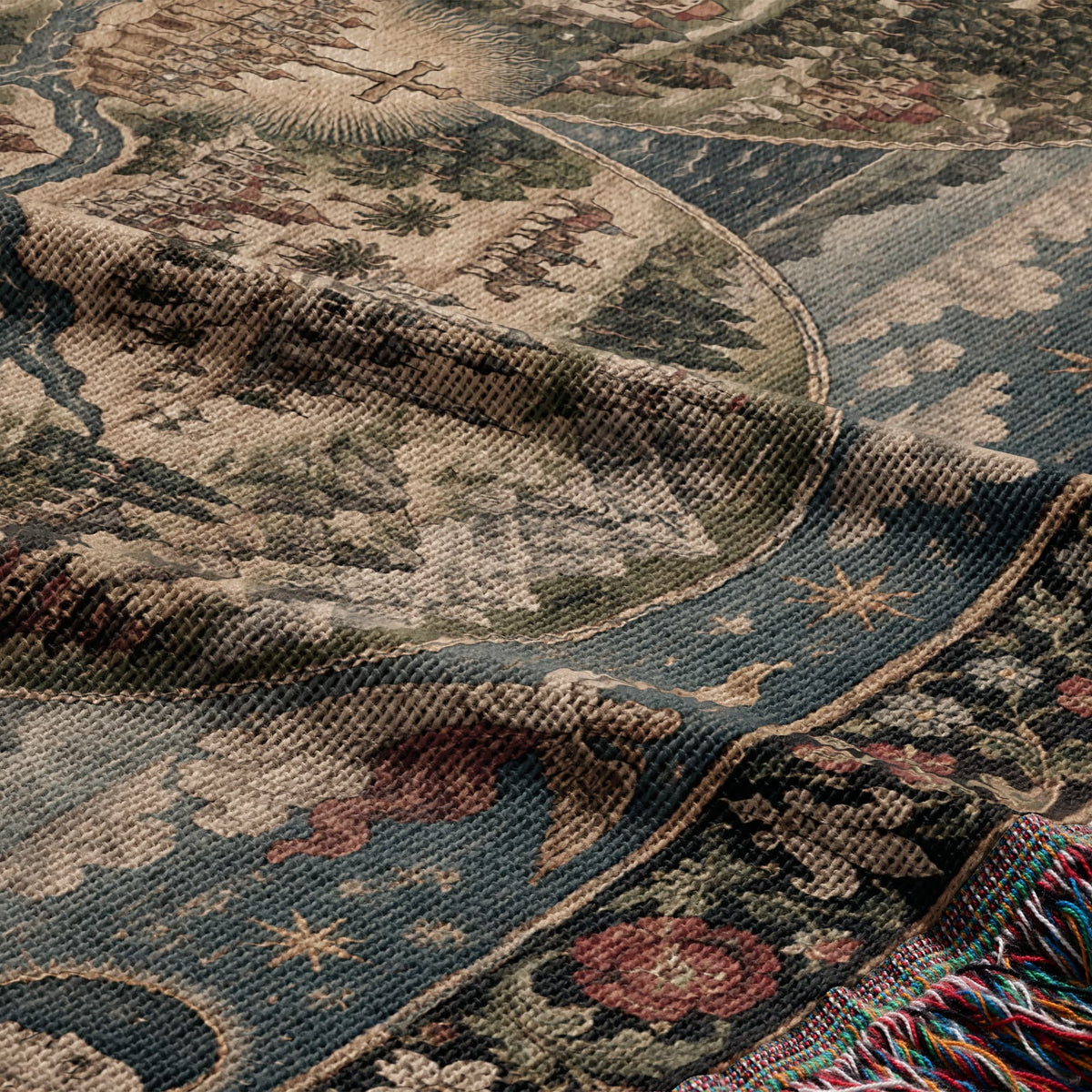 CalmNestStyle Mappa Mundi I Floral Border jacquard woven blanket