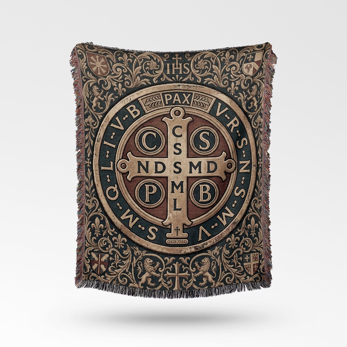 Tapestry throw with St. Benedict's medal and ornate scrollwork pattern.