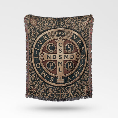 CalmNestStyle Ornate Saint Benedict Medal Woven Blanket jacquard woven blanket
