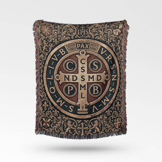 Tapestry throw with St. Benedict's medal and ornate scrollwork pattern.