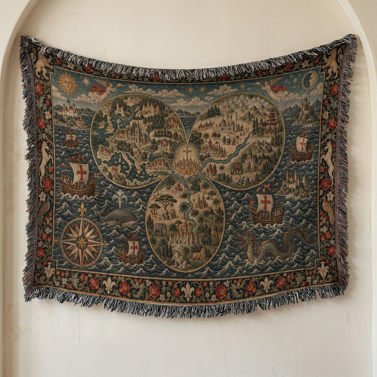 CalmNestStyle Mappa Mundi I Floral Border jacquard woven blanket
