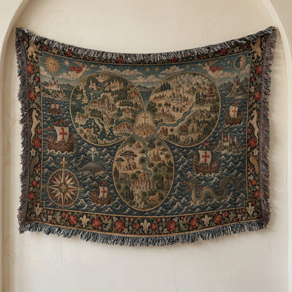 CalmNestStyle Mappa Mundi I Floral Border jacquard woven blanket