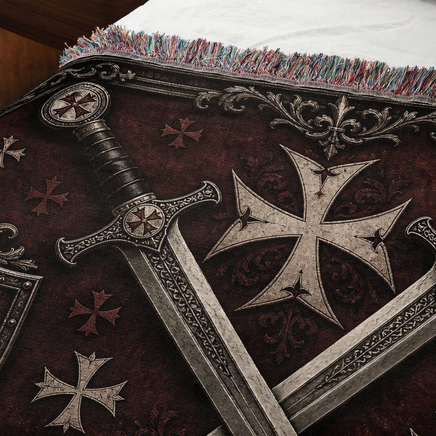 CalmNestStyle Medieval Blanket with Deus Vult Scroll – Crossed Swords Crusader Shields Woven Throw jacquard woven blanket