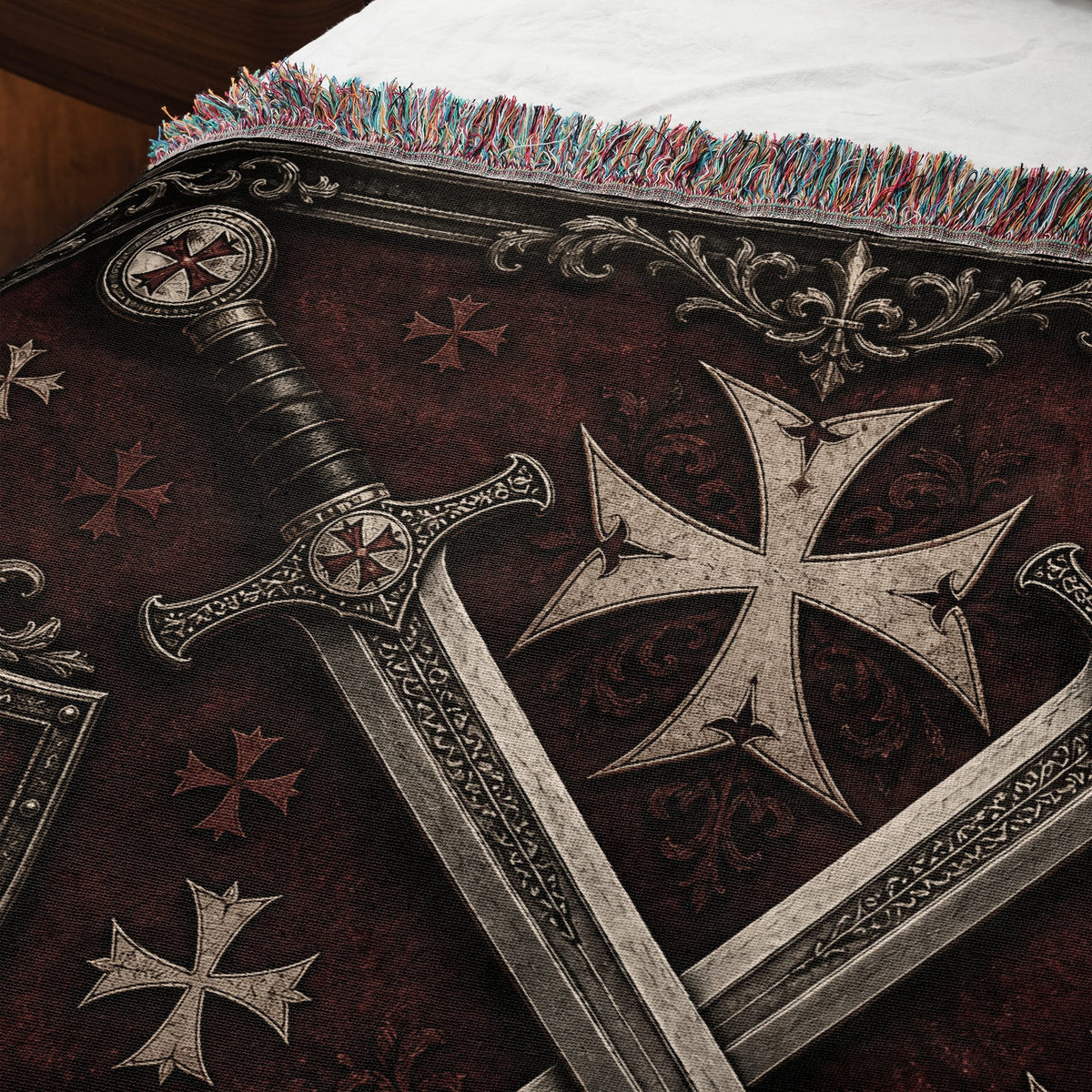 CalmNestStyle Medieval Blanket with Deus Vult Scroll – Crossed Swords Crusader Shields Woven Throw jacquard woven blanket