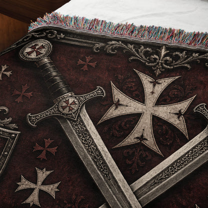 CalmNestStyle Medieval Blanket with Deus Vult Scroll – Crossed Swords Crusader Shields Woven Throw jacquard woven blanket