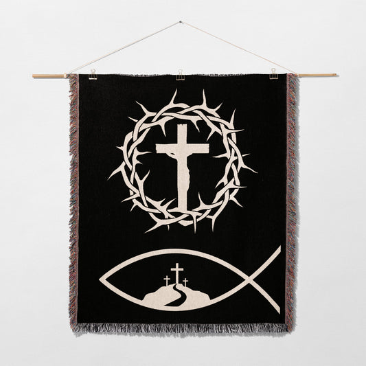 Black tapestry with white crown of thorns, crucifix, and fish symbol.