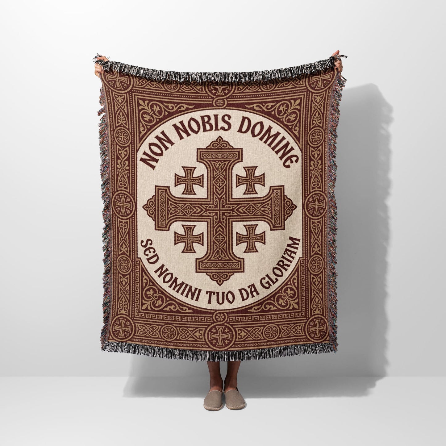 Fringed throw blanket with a large Celtic cross design and Latin text.