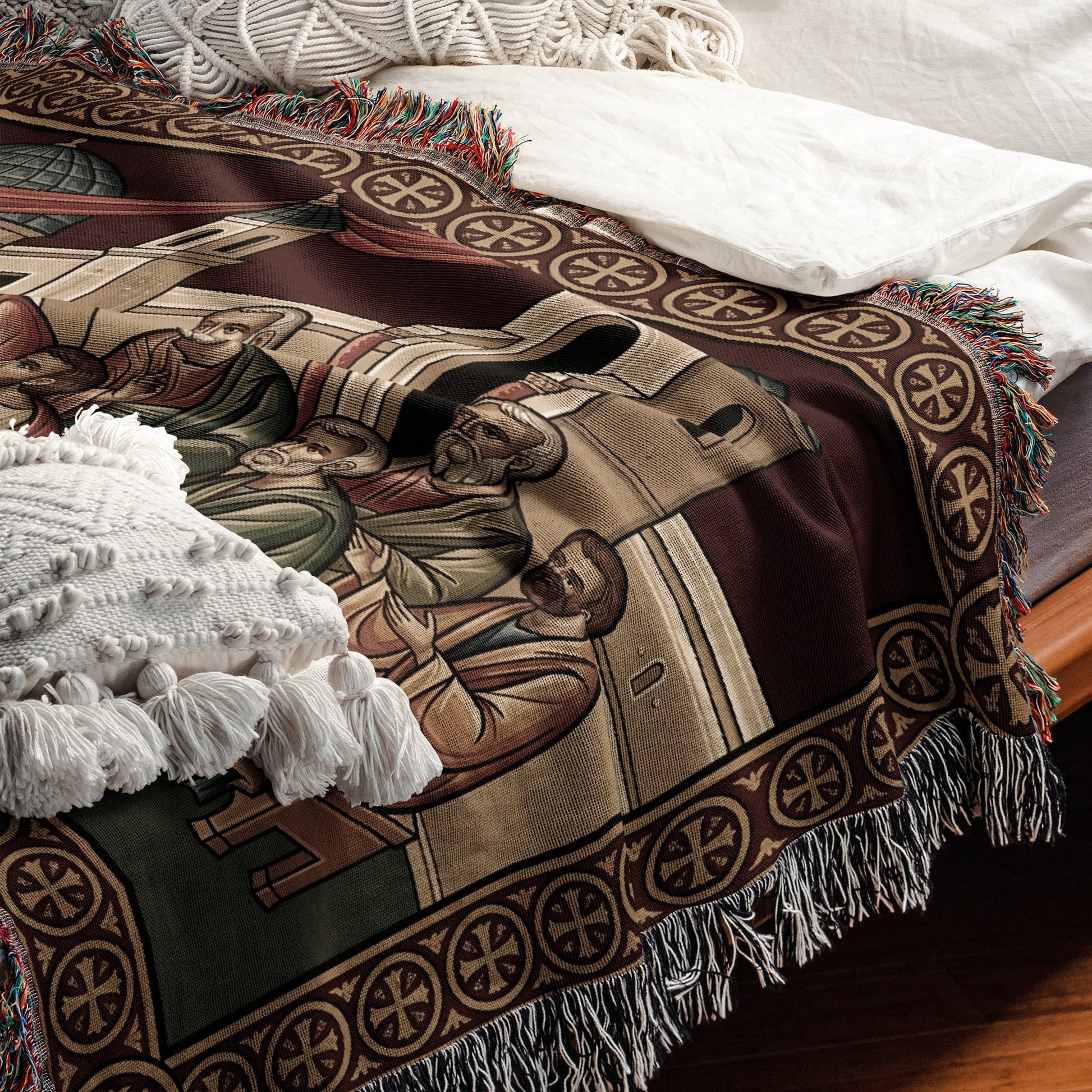 MyDesigns Crimson Gold Mystical Supper Landscape Tapestry - Byzantine Icon jacquard woven blanket
