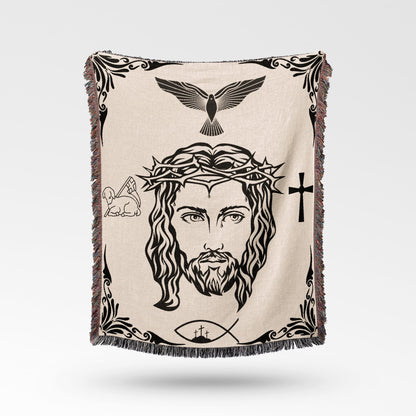 Jesus' face with a crown of thorns, dove, lamb, and fish cross symbol.