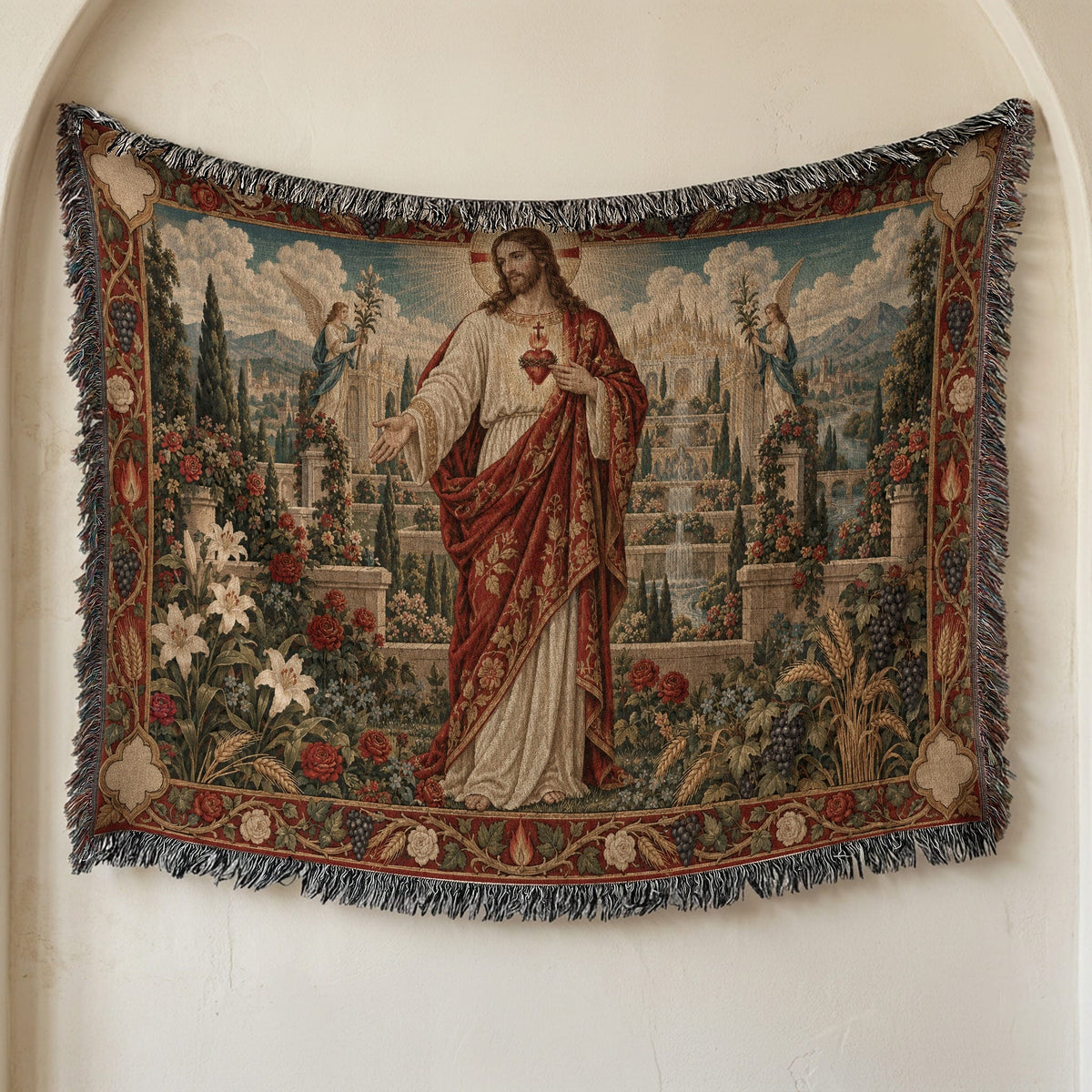 CalmNestStyle Sacred Heart of Jesus in the Heavenly Garden jacquard woven blanket