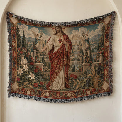 CalmNestStyle Sacred Heart of Jesus in the Heavenly Garden jacquard woven blanket