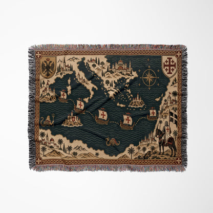 CalmNestStyle Crusader Sea Route Map I Aegean Islands jacquard woven blanket