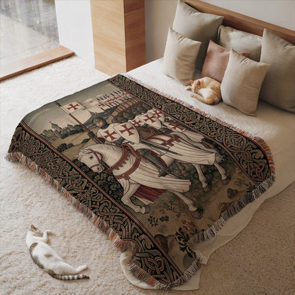 Templar Knight Design Fringed Blanket for Cozy Nights