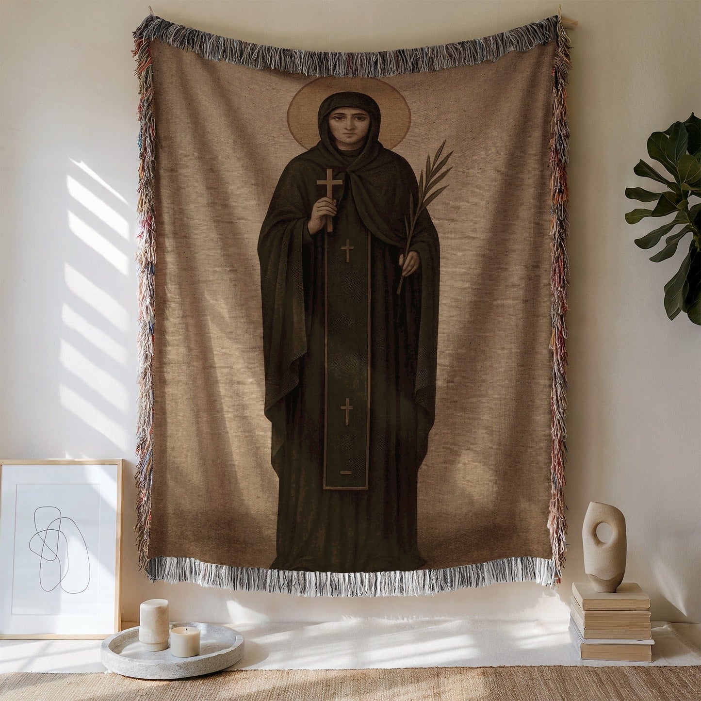Saintly Figure Holding Cross and Palm Blanket