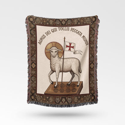 Tapestry depicts the Lamb of God with a cross, set against a decorated background.