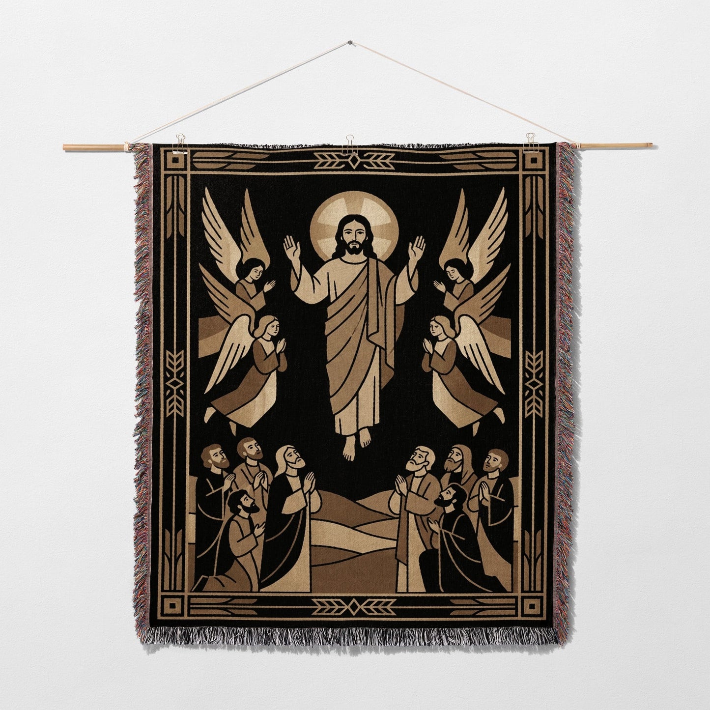 Religious tapestry depicting Jesus with outstretched arms surrounded by angels and kneeling figures.