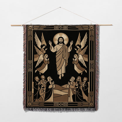 Religious tapestry depicting Jesus with outstretched arms surrounded by angels and kneeling figures.