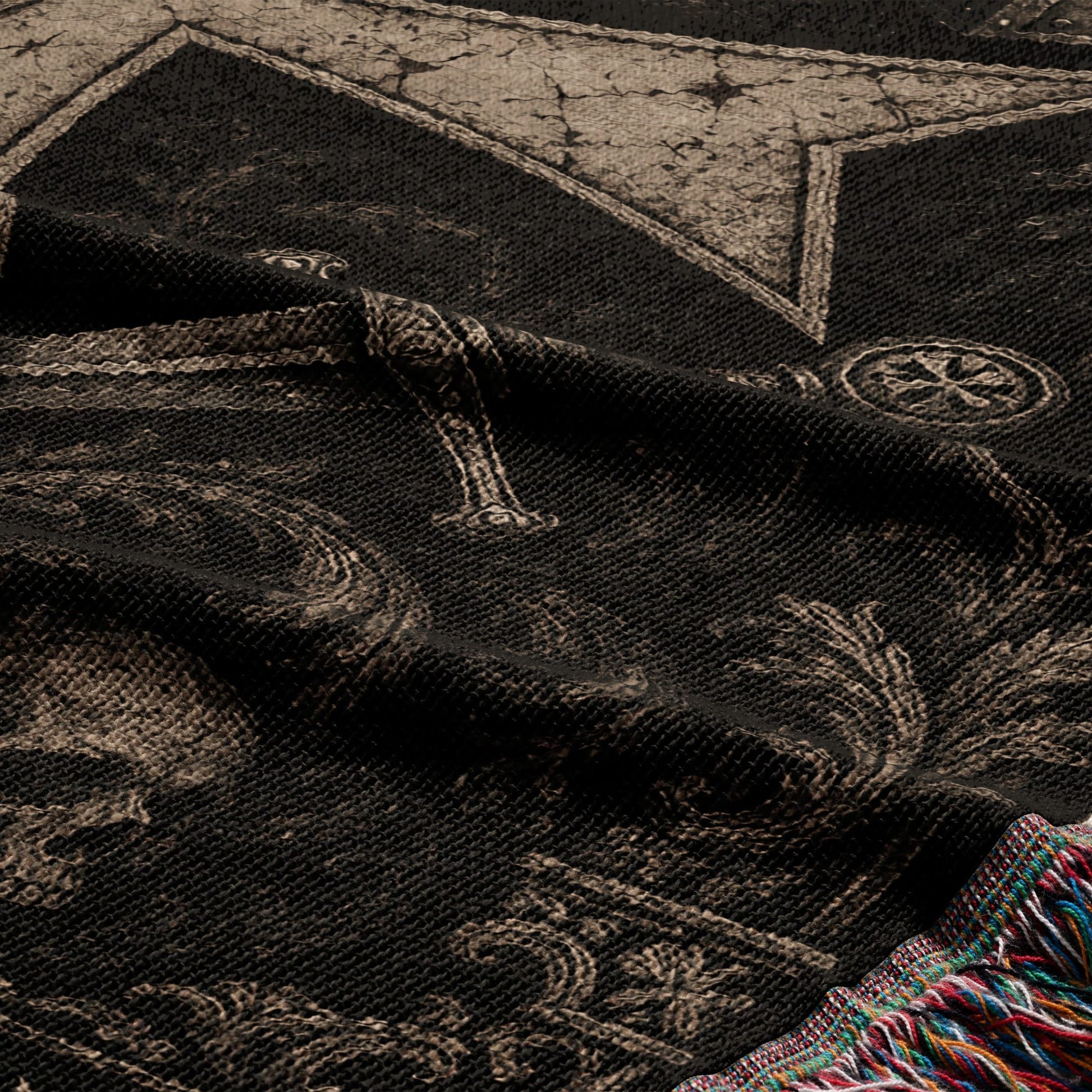 Black blanket with skull and cross motifs, fringed edge.