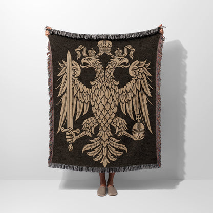 Tapestry throw blanket featuring a double-headed eagle crest with swords and crown.