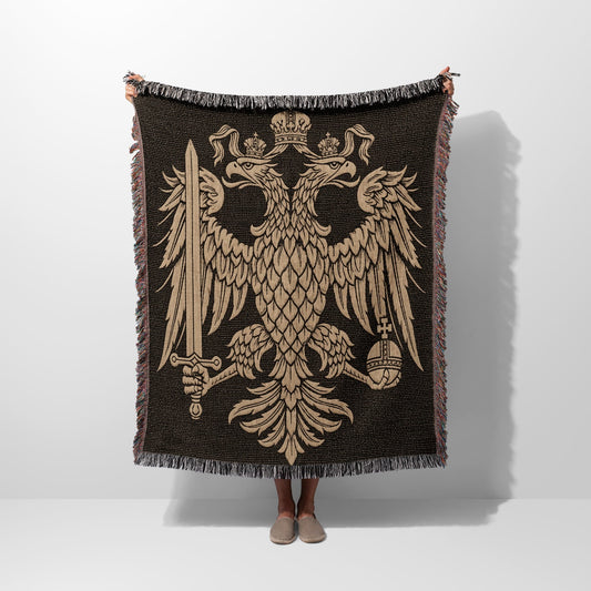 Tapestry throw blanket featuring a double-headed eagle crest with swords and crown.