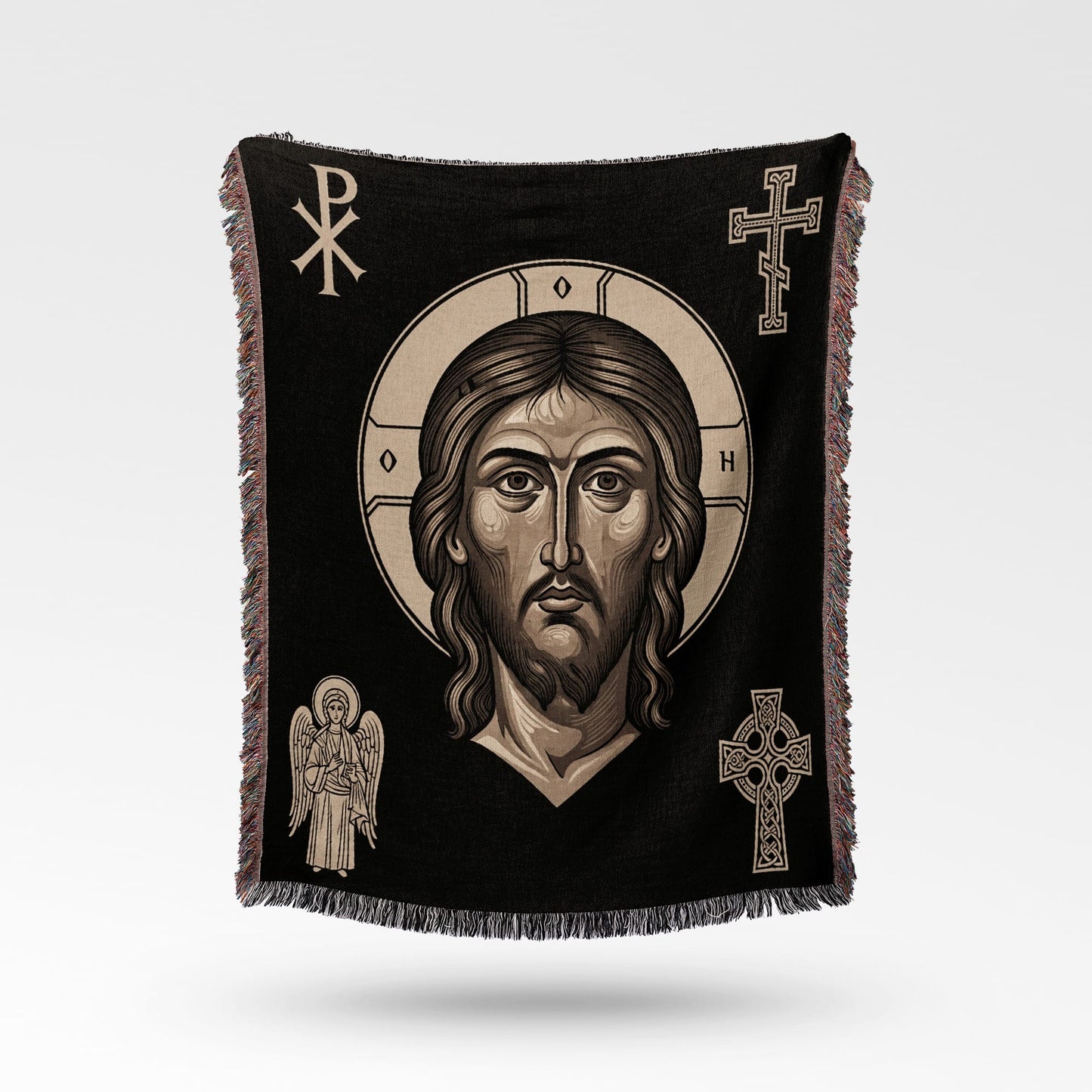 Religious tapestry with Jesus, angel, Celtic cross, and Christian symbols.