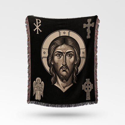 Religious tapestry with Jesus, angel, Celtic cross, and Christian symbols.