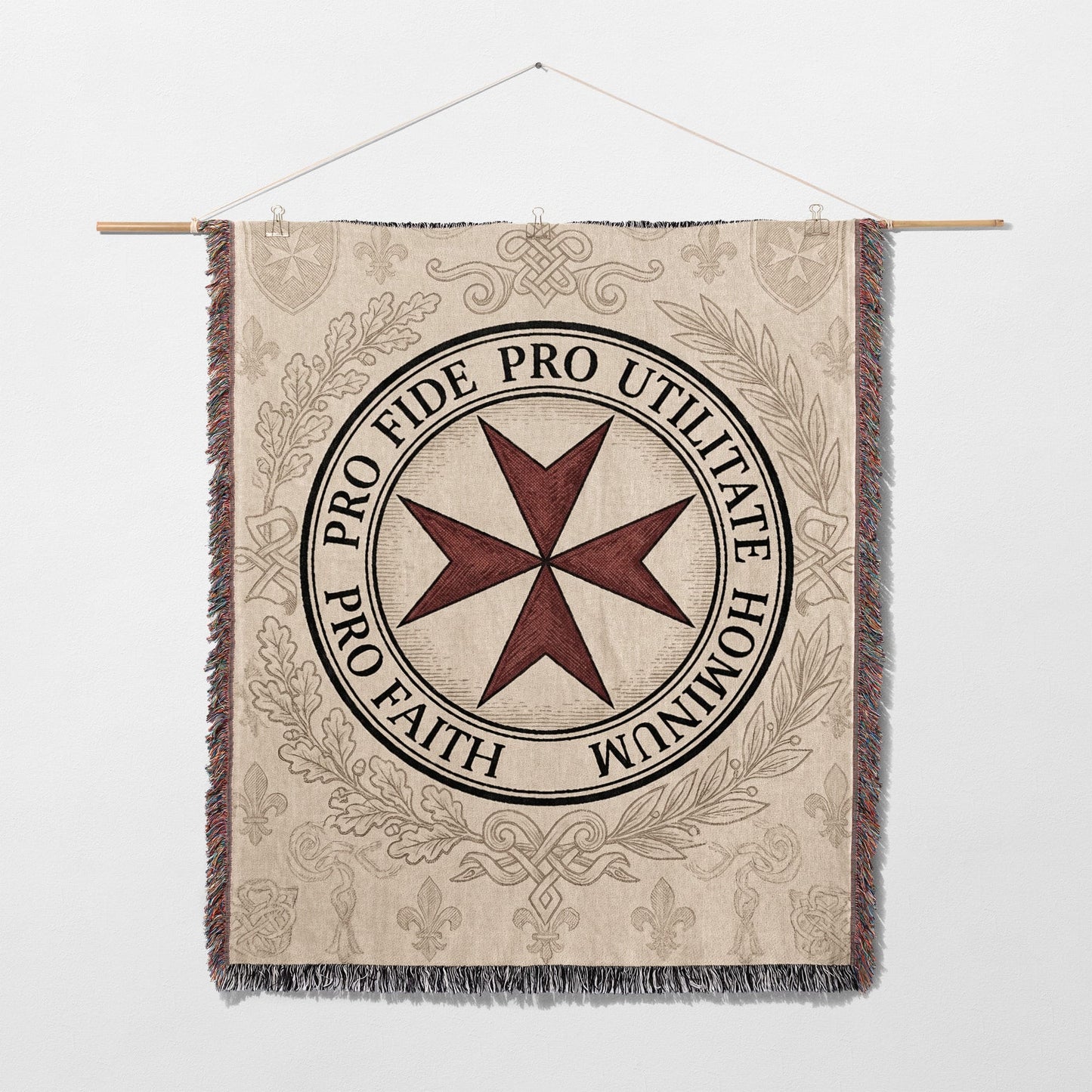 Tapestry featuring a red Maltese cross and Latin text PRO FIDE PRO UTILITATE HOMINUM.