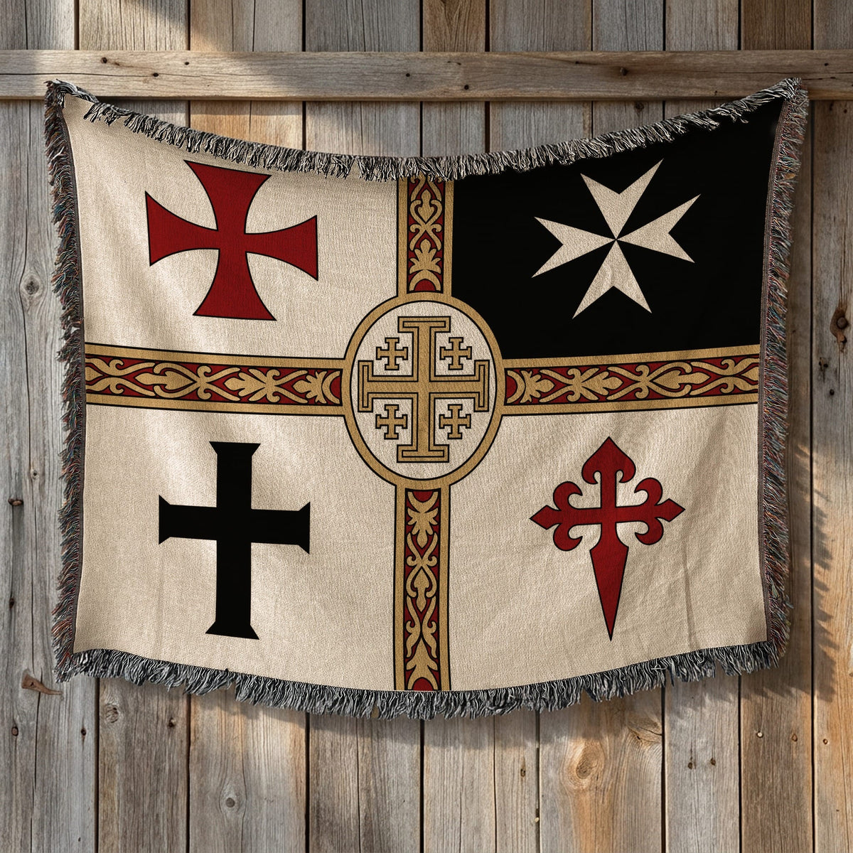 Tapestry featuring four different crosses on a cream background with decorative borders.