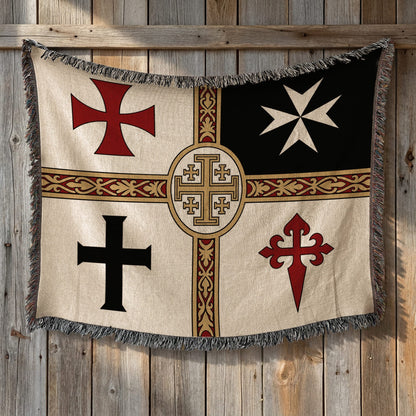 Tapestry featuring four different crosses on a cream background with decorative borders.