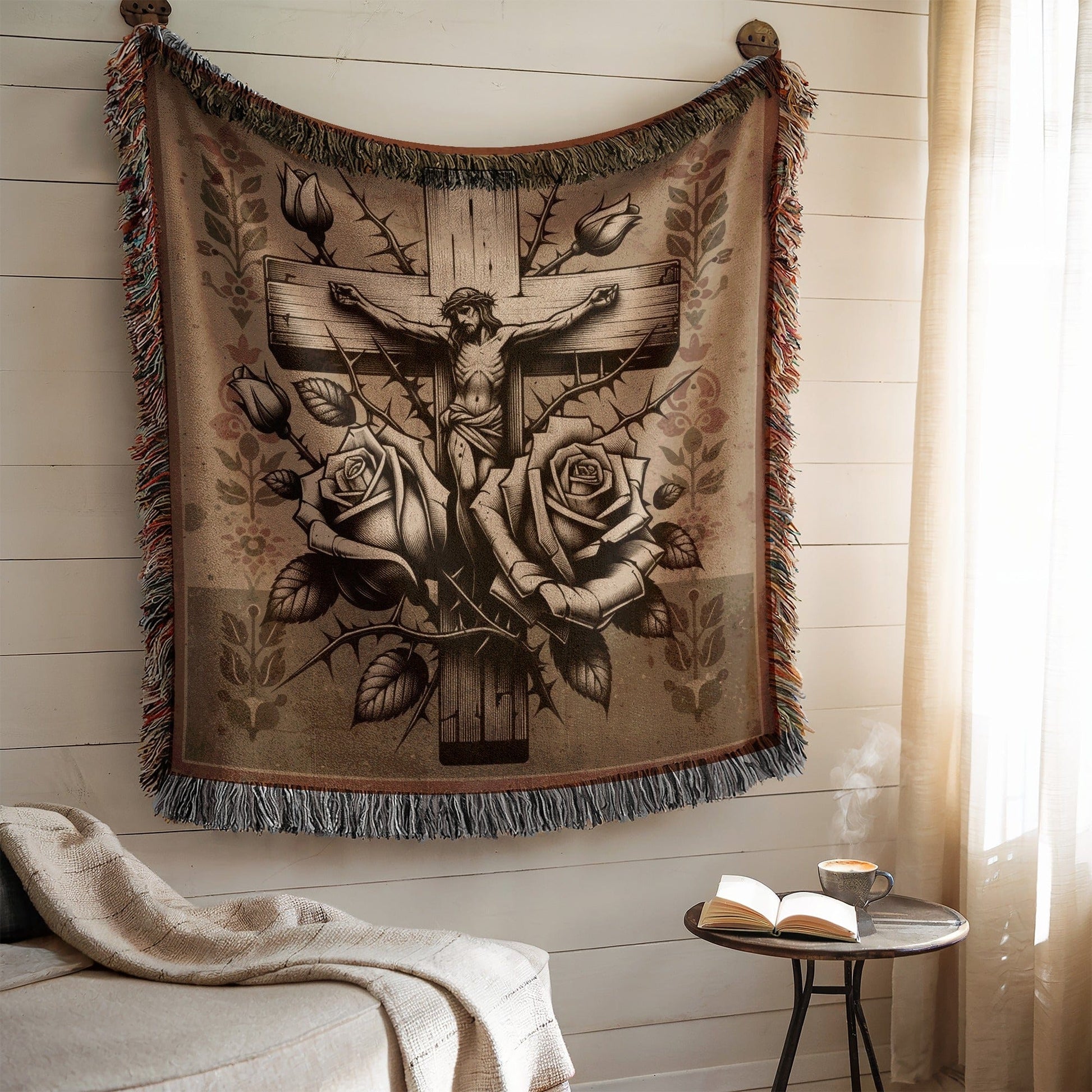 Crucifixion Roses Graphic Woven Blanket or Tapesty