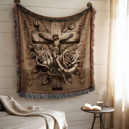 Crucifixion Roses Graphic Woven Blanket or Tapesty