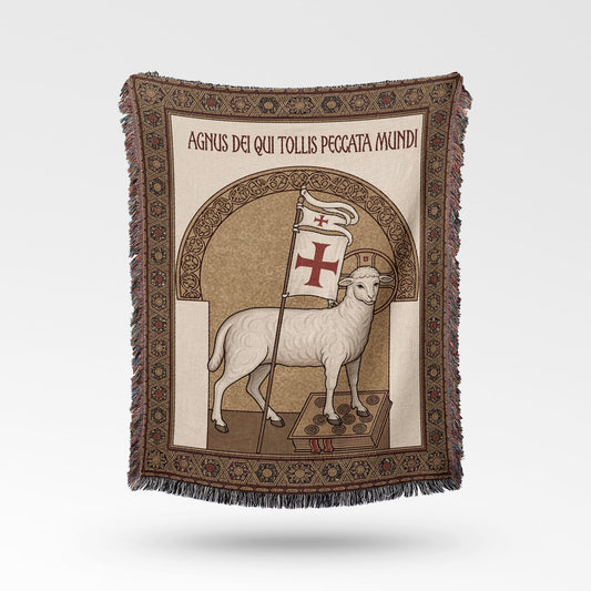 Lamb of God flag on stand with text "AGNUS DEI QUI TOLLIS PECCATA MUNDI".