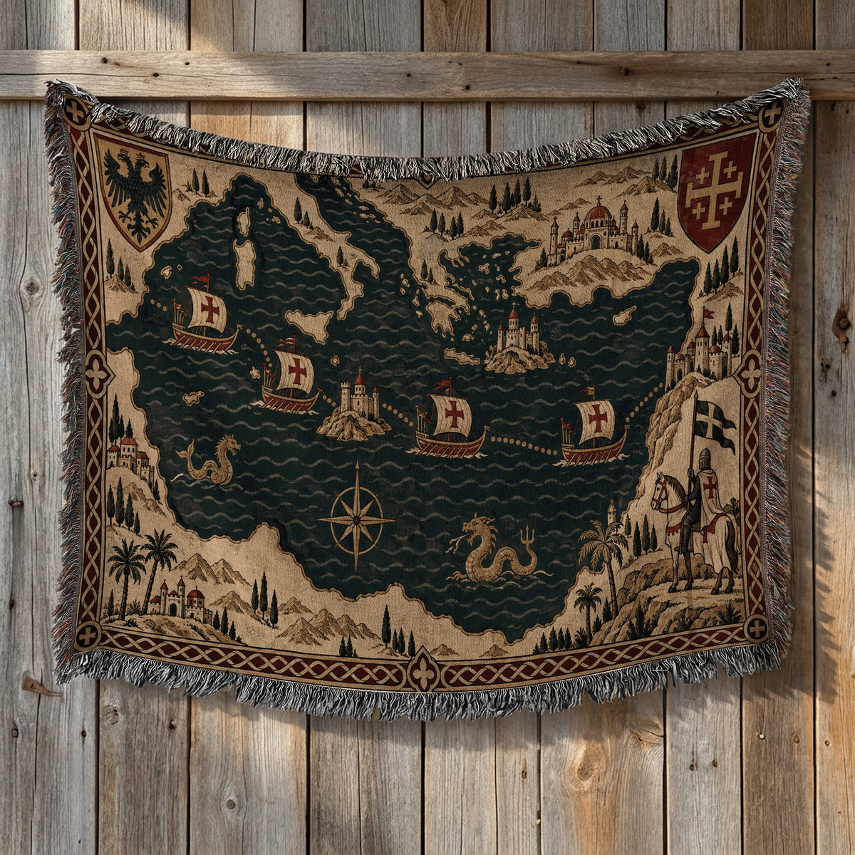 CalmNestStyle Crusader Sea Route Map I Eagle and Jerusalem Shields jacquard woven blanket