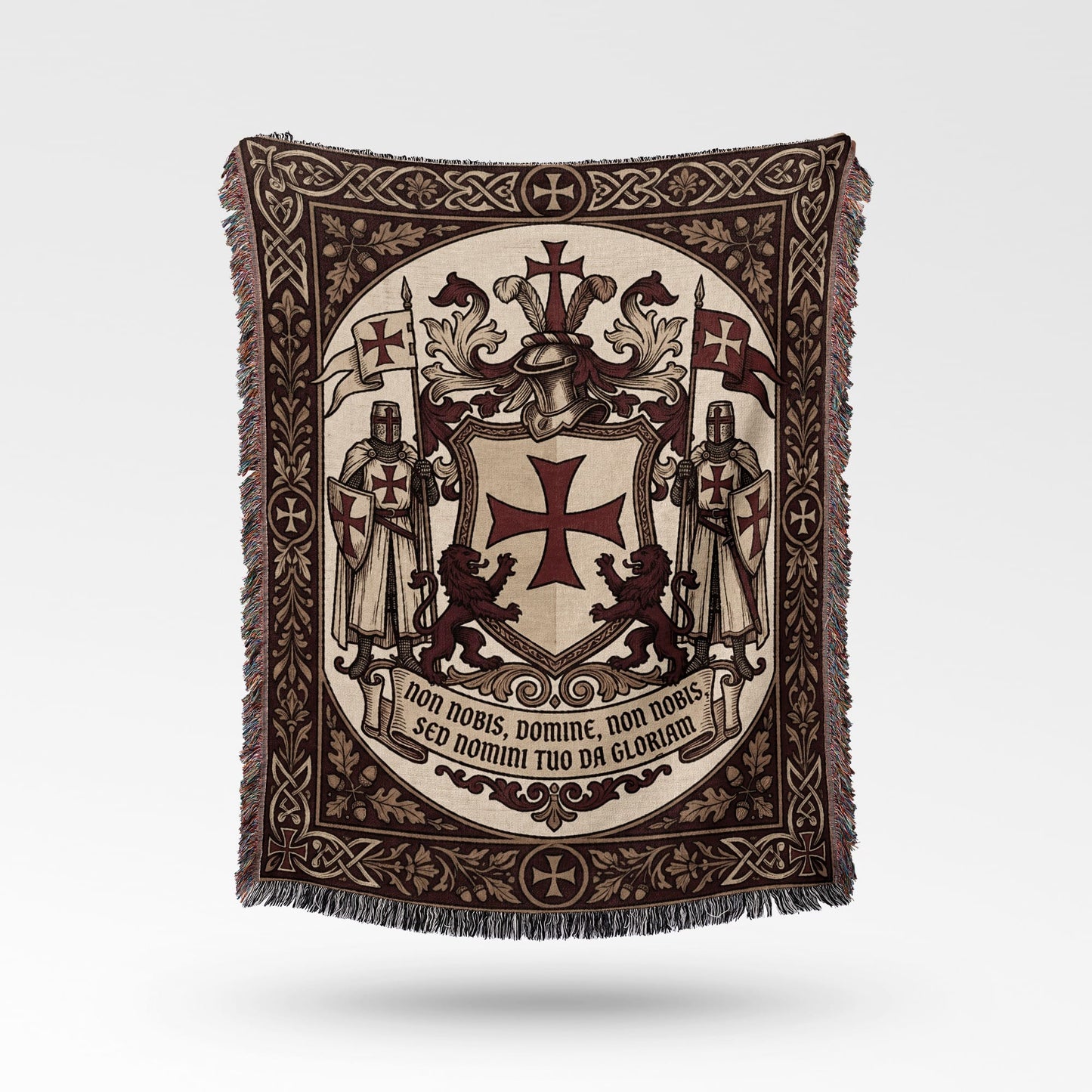 Tapestry with Knights Templar crest, lions, flags, and Latin inscription "non nobis, Domine".