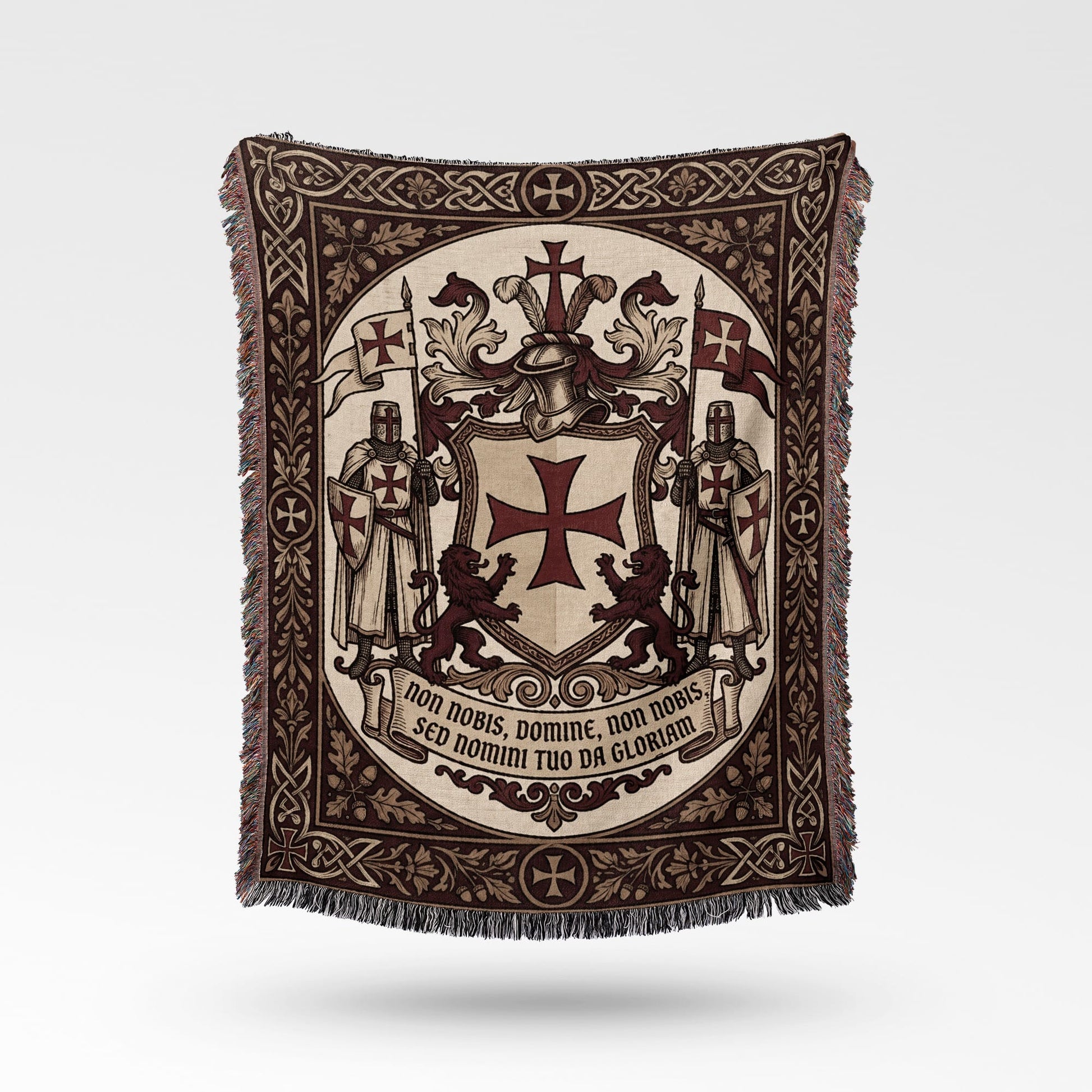 Tapestry with Knights Templar crest, lions, flags, and Latin inscription "non nobis, Domine".