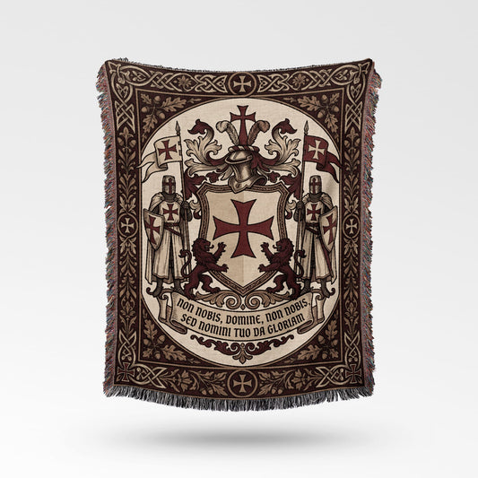 Tapestry with Knights Templar crest, lions, flags, and Latin inscription "non nobis, Domine".