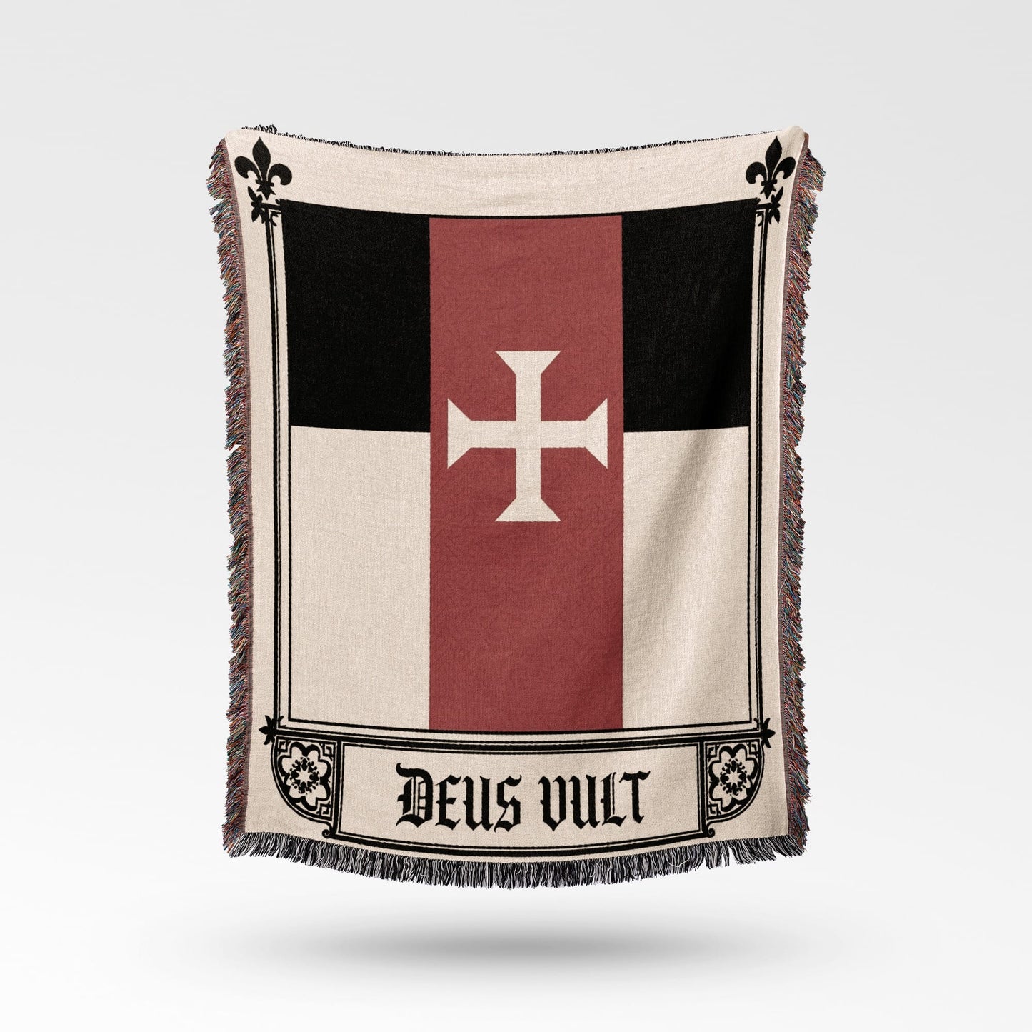 Blanket with Crusader cross and "DEUS VULT" inscription.