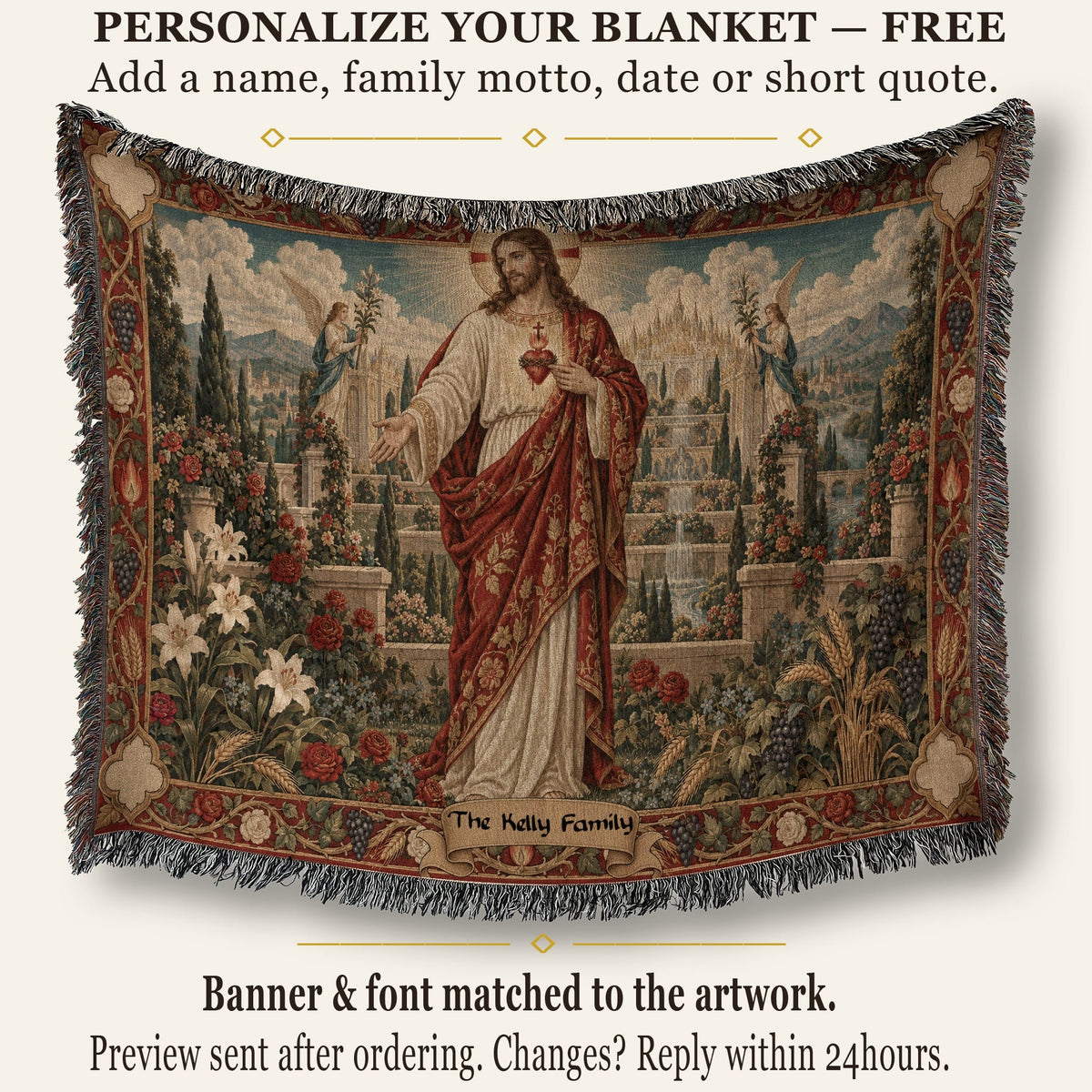 CalmNestStyle Sacred Heart of Jesus in the Heavenly Garden jacquard woven blanket