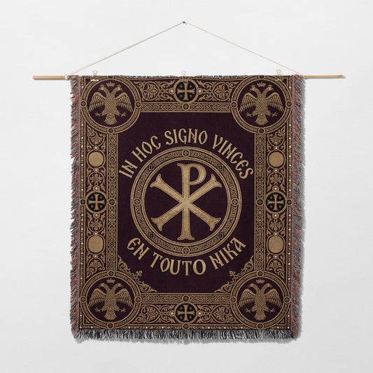 Tapestry with a Chi Rho symbol and Latin text "IN HOC SIGNO VINCES".