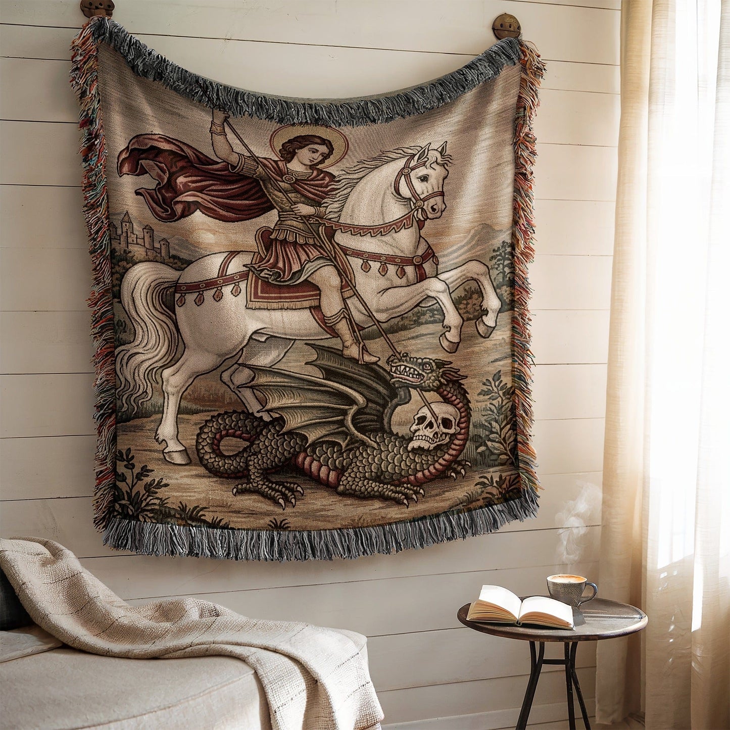 Medieval Warrior Battling Dragon Wall Hanging Tapestry