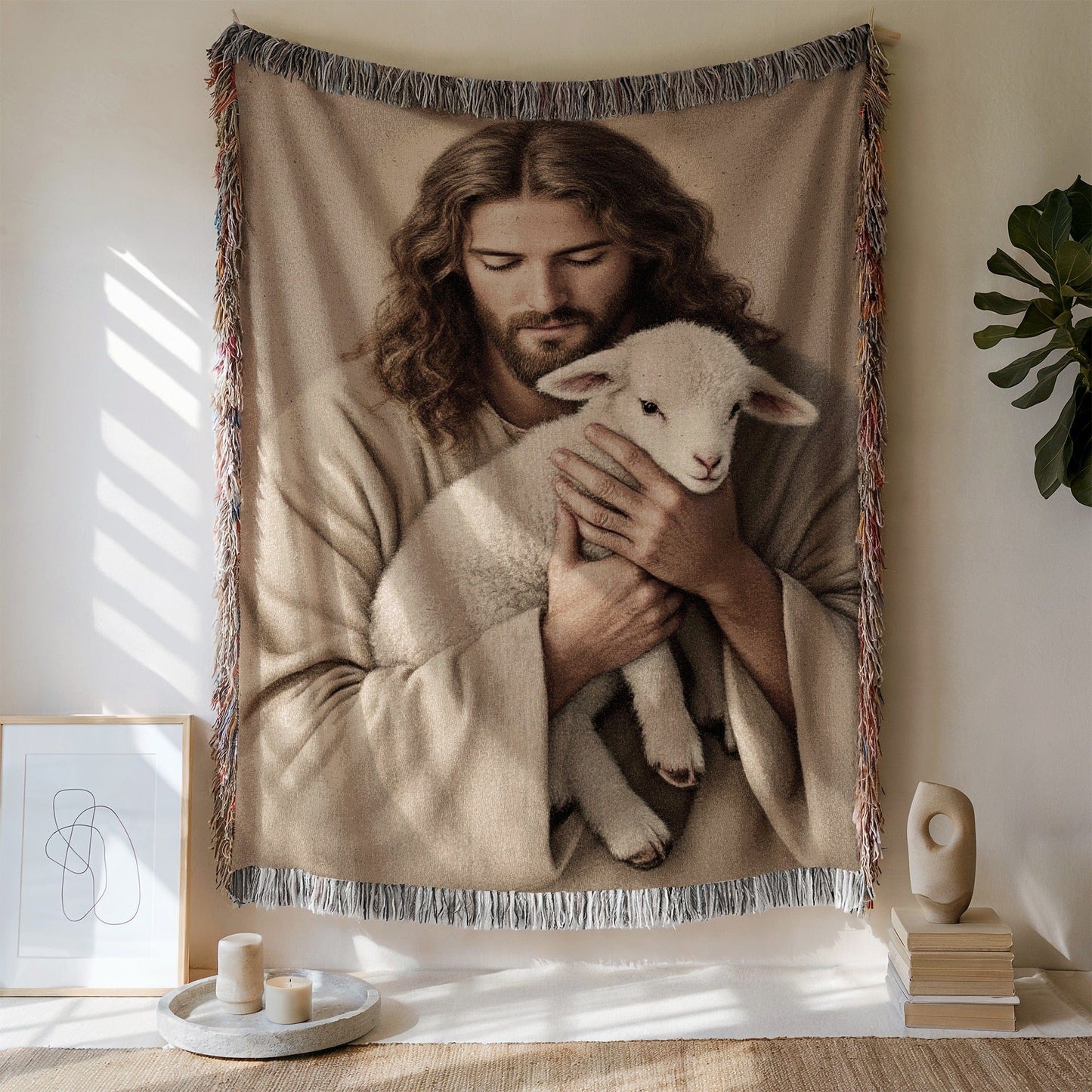 Heartwarming Artwork of Man Embracing Lamb Product