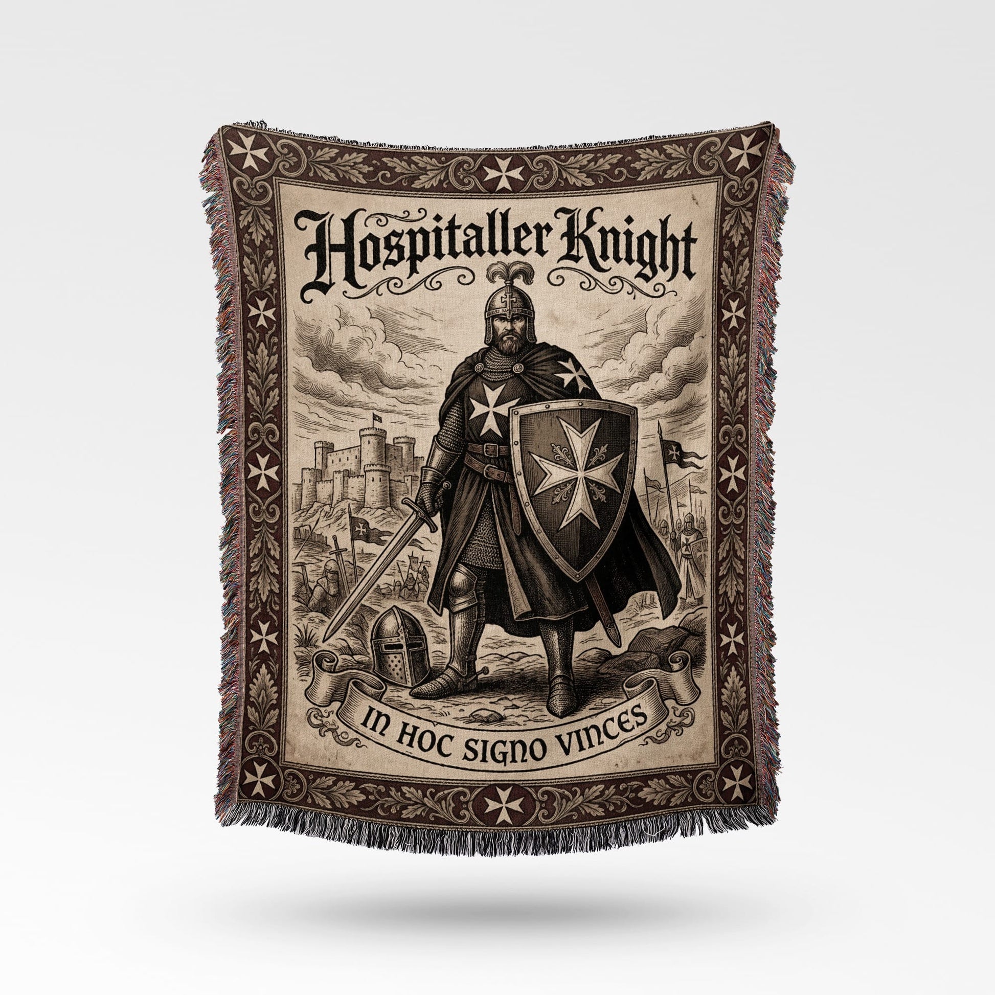 Tapestry features a knight and castle illustration with text "Hospitaller Knight" and "IN HOC SIGNO VINCES".