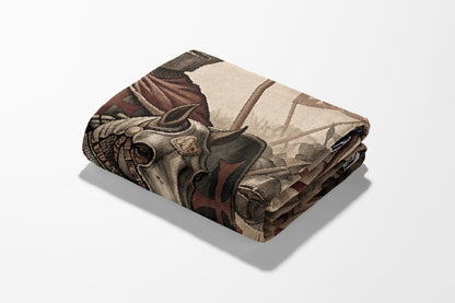 Folded blanket featuring a knight in armor and a horse.