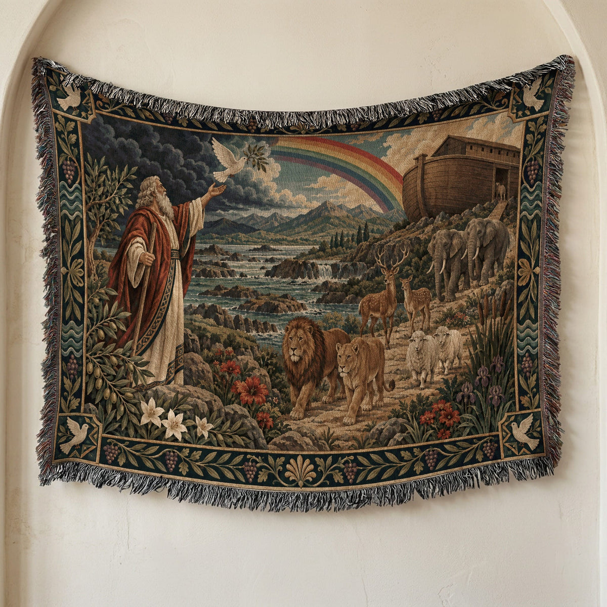 CalmNestStyle Noahs Ark with Rainbow and Dove jacquard woven blanket