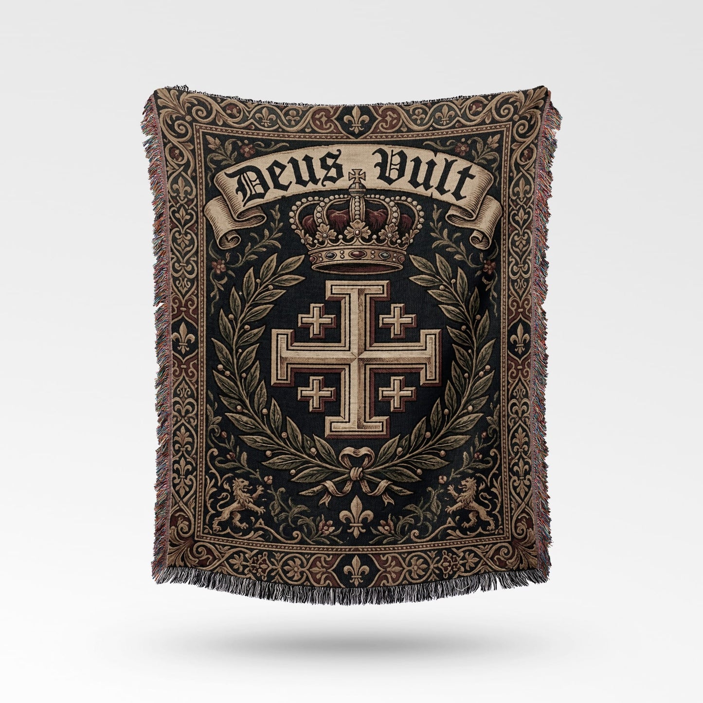 Tapestry blanket with "Deus Vult" and Jerusalem cross within ornate border.