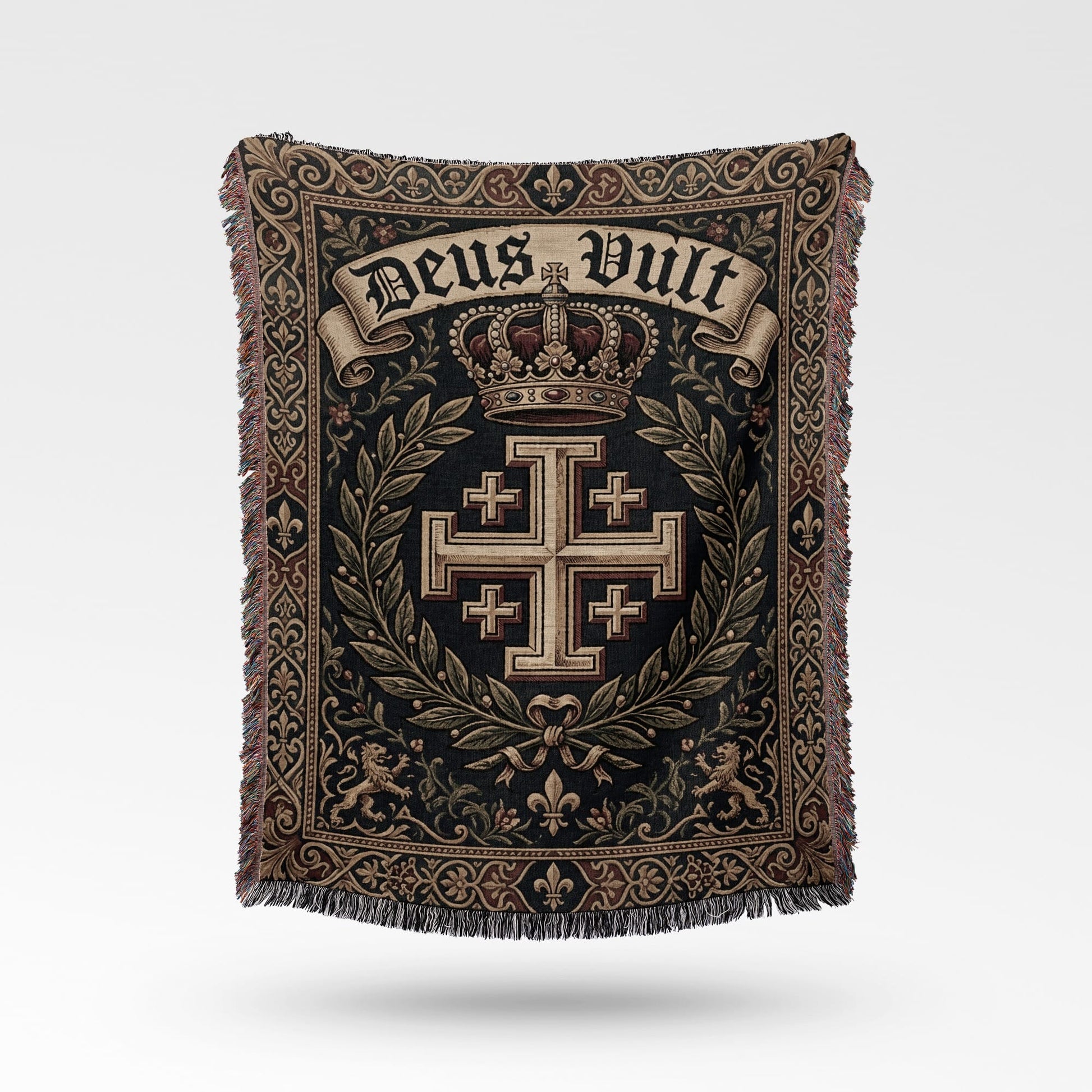 Tapestry blanket with "Deus Vult" and Jerusalem cross within ornate border.