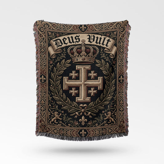 Tapestry blanket with "Deus Vult" and Jerusalem cross within ornate border.