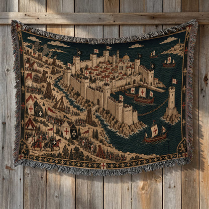 CalmNestStyle Crusader Harbor Siege I Ships at the Chain Tower jacquard woven blanket