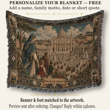 Woven tapestry blanket depicting St. Peter's Square with a family in the foreground, featuring a personalized banner reading HOUSE OF MILLER.