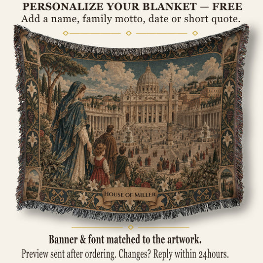 Woven tapestry blanket depicting St. Peter's Square with a family in the foreground, featuring a personalized banner reading HOUSE OF MILLER.